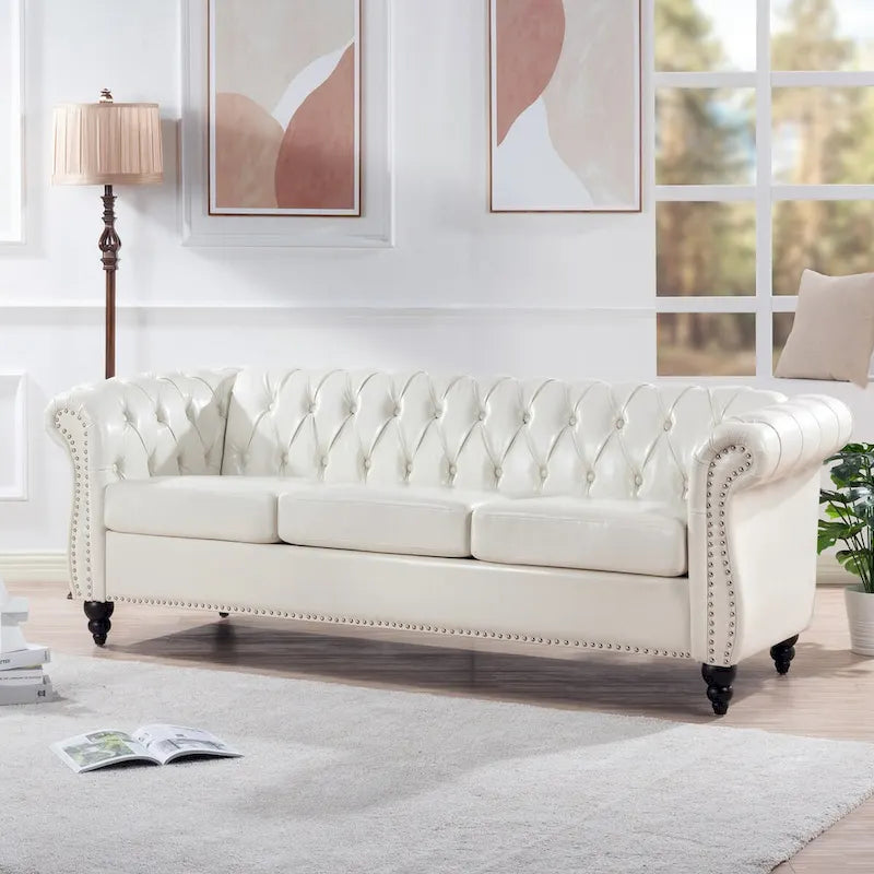 Cream 3-Seater Chesterfield Sofa, 84.65" PU Leather-3