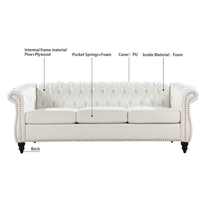 Cream 3-Seater Chesterfield Sofa, 84.65" PU Leather-10