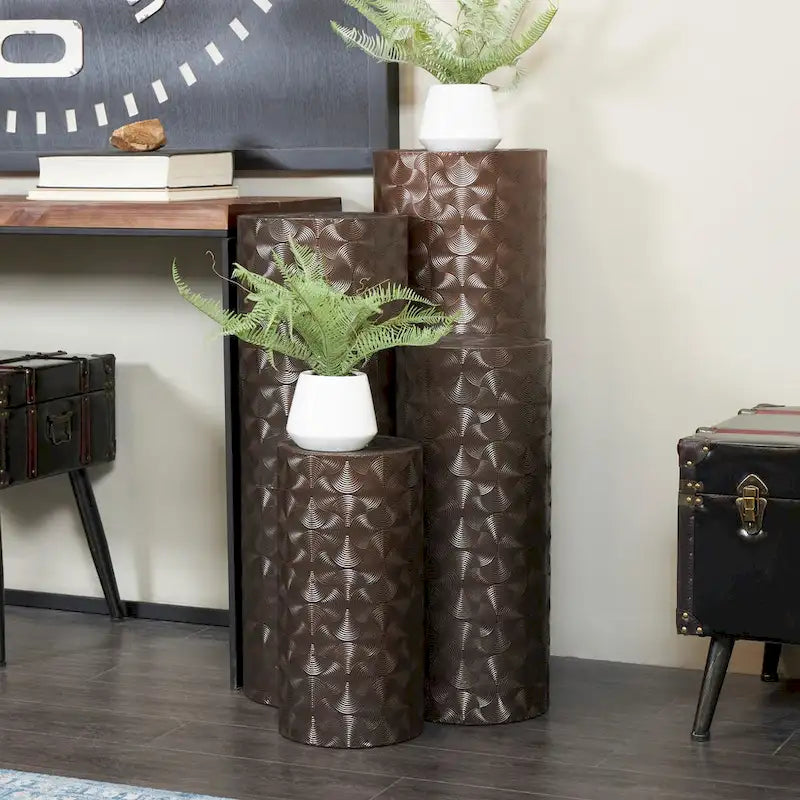 Metal Abstract Tall Slim Pedestal Table with Grooved Shell or Hammered Design - Set of 4 Brown - Roche River Decor
