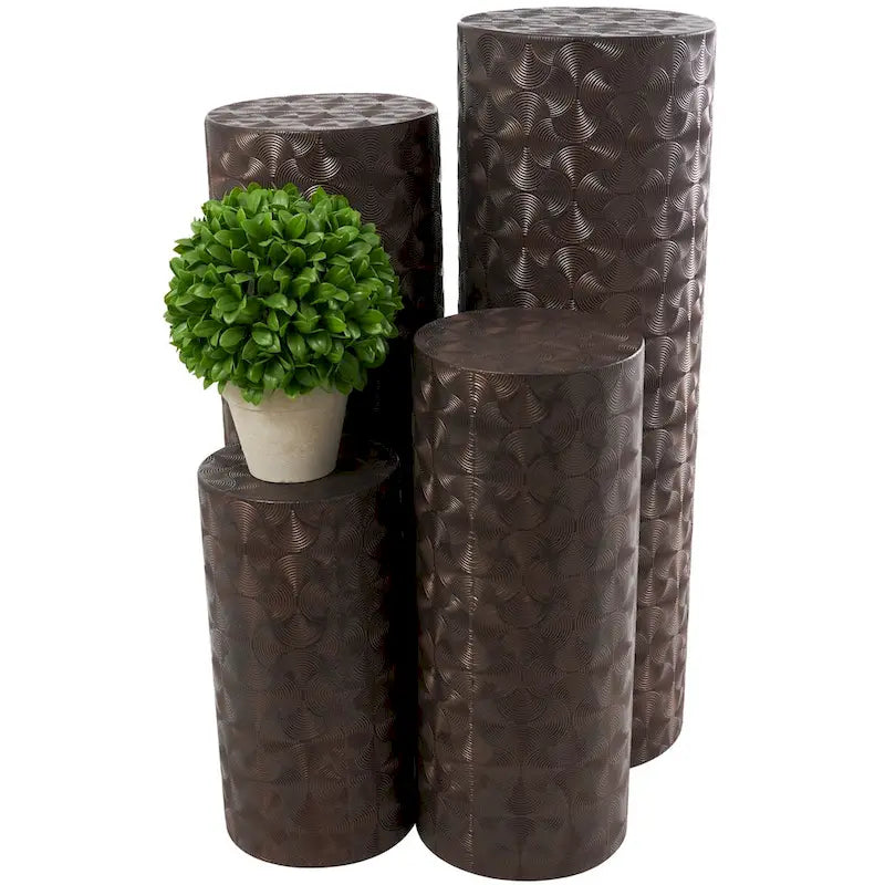 Metal Abstract Tall Slim Pedestal Table with Grooved Shell or Hammered Design - Set of 4 Brown - Roche River Decor-3