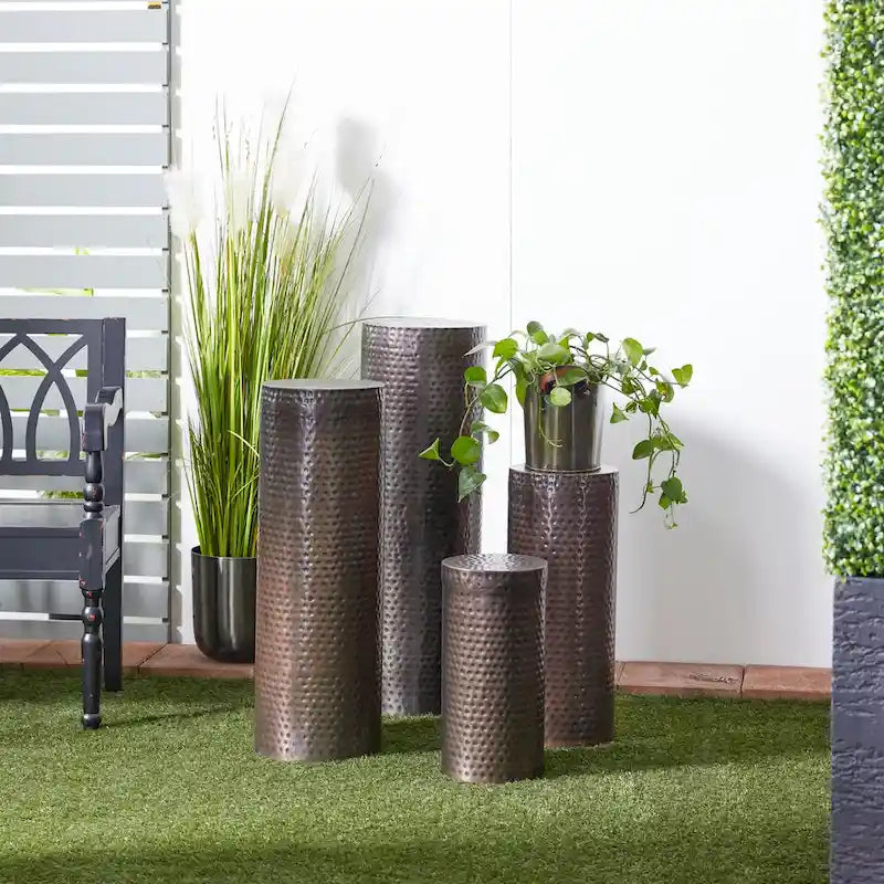 Metal Abstract Tall Slim Pedestal Table with Grooved Shell or Hammered Design - Set of 4 Brown - Roche River Decor-7