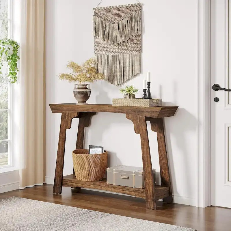 Wood Console Table, 2-Tier Narrow Entryway Table with Storage Shelf-3
