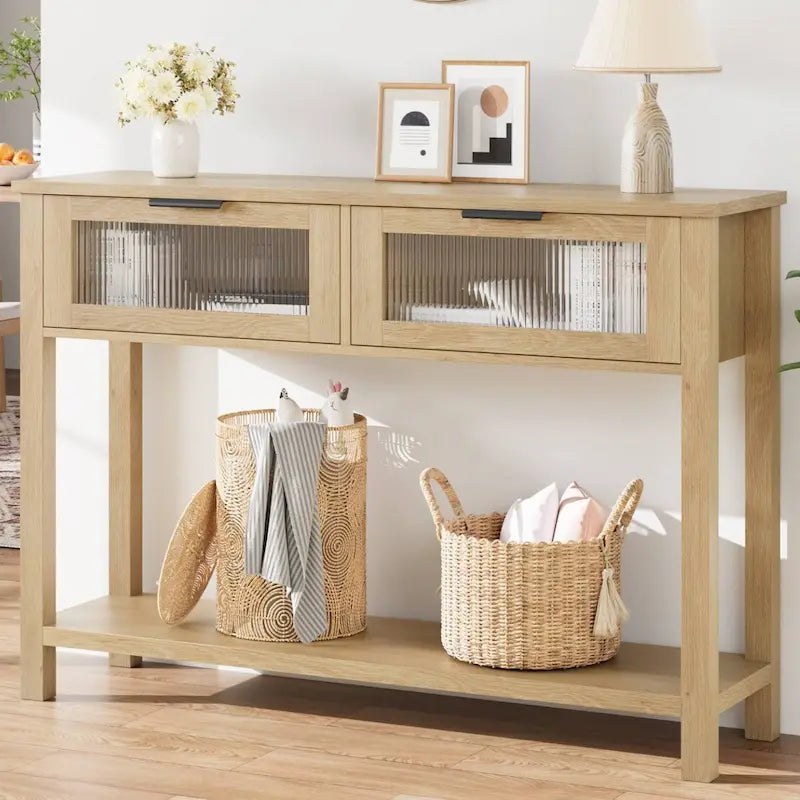 Wood Entryway Table, Console Table with 2 Glass Drawers-7