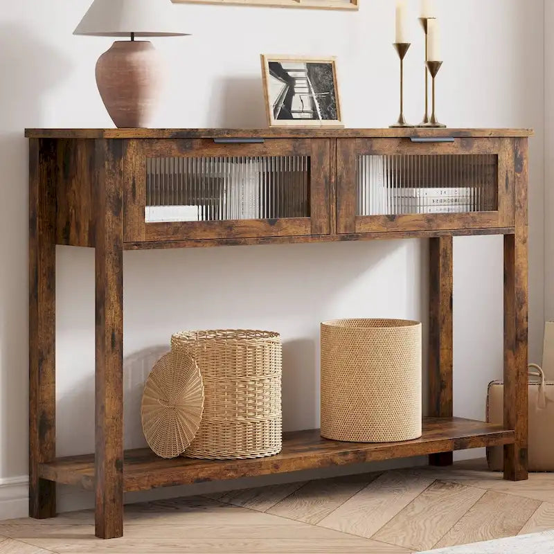 Wood Entryway Table, Console Table with 2 Glass Drawers