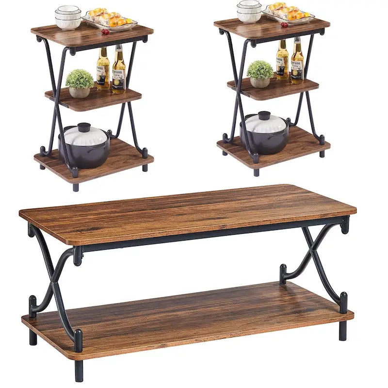 Brown 3-Piece Coffee Table Set with 2 End Tables-30