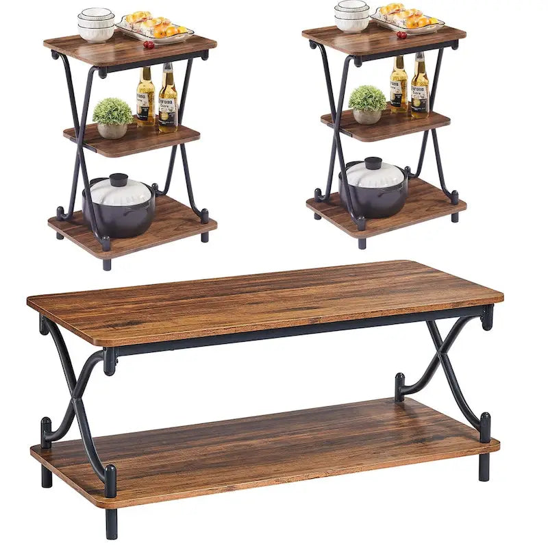 Brown 3-Piece Coffee Table Set with 2 End Tables-25