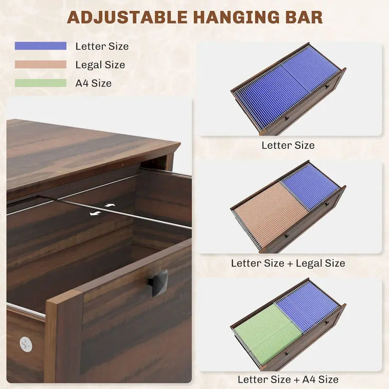 HOMCOM Lateral File Cabinet with 2 Drawers for Home Office, Filing Cabinet with Lock, Adjustable Hanging Bar for Letter, A4-13