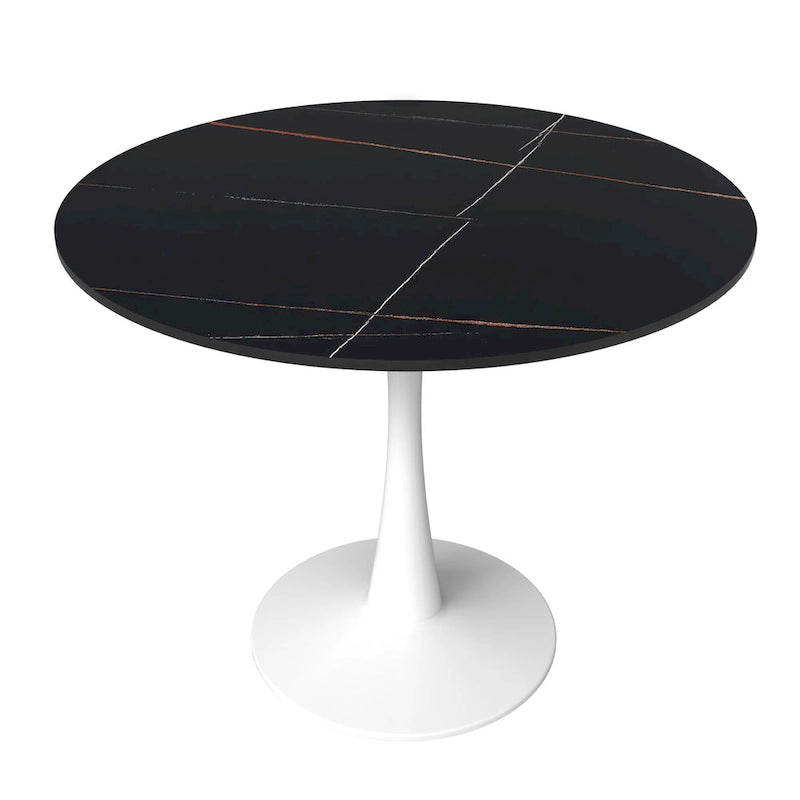 Bristol Round Dining Table for 4, 35 Sintered Stone Tabletop with White Stainless Steel Pedestal Base