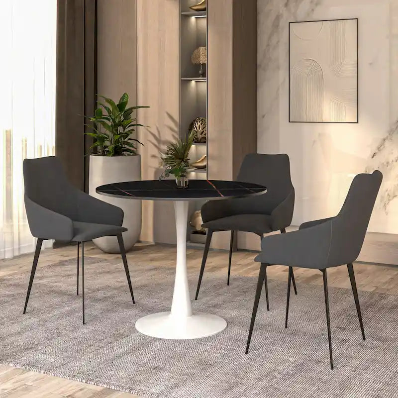 White Round Dining Table for 4, 35" Sintered Stone Pedestal