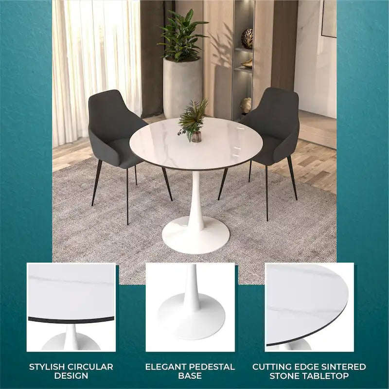 White Round Dining Table for 4, 35" Sintered Stone Pedestal-14