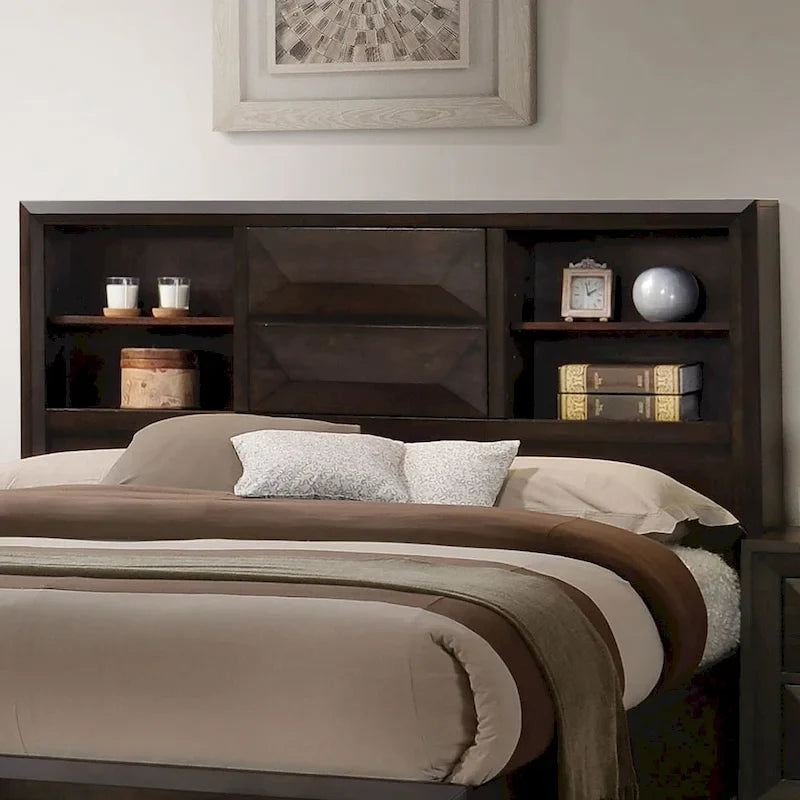 Espresso Wood Platform Bed with Bookcase Headboard and Storage Drawer - Queen/King-4