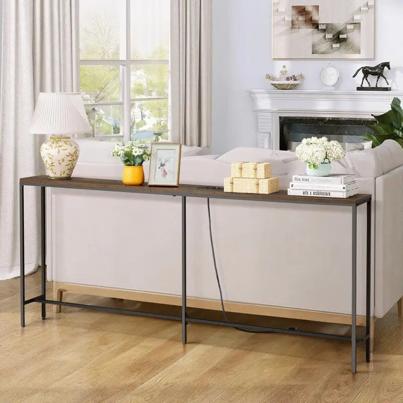 70.9 inch Console Table with 2 Power Outlets and USB Ports, Narrow Entryway Table Sofa Table for Living Room-9