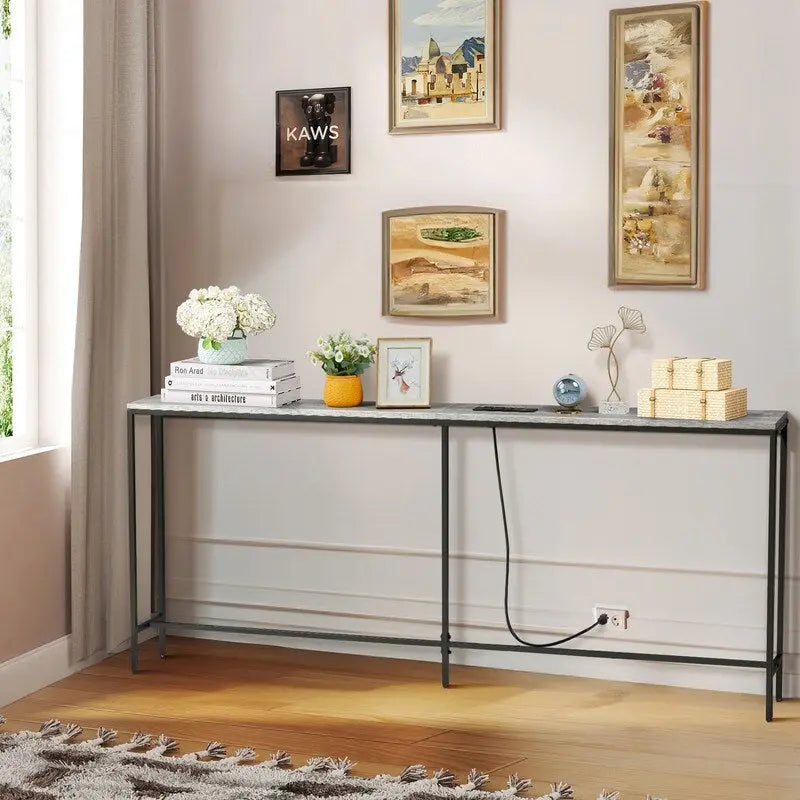 70.9 inch Console Table with 2 Power Outlets and USB Ports, Narrow Entryway Table Sofa Table for Living Room-10